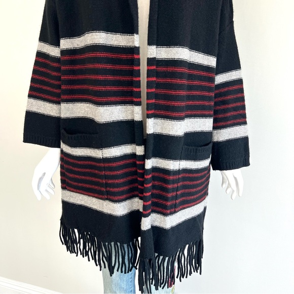 JOIE Gabrina Black Red Hooded Wool Yak Striped Fringe Western Open Cardigan Sz M - Picture 5 of 16